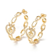 Heart with Crown Cubic Zirconia Stud Earrings, Real 18K Gold Plated Brass Half Hoop Earrings for Women, Cadmium Free & Lead Free, Clear, 33x34.5x12mm, Pin: 0.9mm(EJEW-I263-04G)