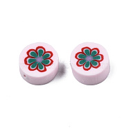 Handmade Polymer Clay Beads, Flat Round with Flower, Green, 9~10x4~4.5mm, Hole: 1.2~1.8mm(CLAY-N011-56-05)