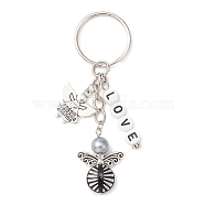 Tibetan Style Alloy & Acrylic Angel Pendant Keychain, with Acrylic Word Love Letter Beads and Iron Split Key Rings, Antique Silver, 8.4cm(KEYC-JKC00519)