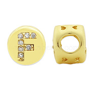 Brass Micro Pave Clear Cubic Zirconia Beads, Flat Round with Letter, Letter.F, 7.5x6.5mm, Hole: 3.5mm, 3pcs/bag(KK-T030-LA843-FX3)