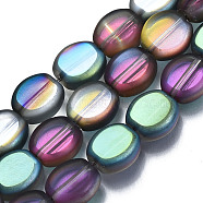 Electroplate Transparent Glass Beads Strands, Oval, Multi-color Plated, 9.5x9x4mm, Hole: 1mm, about 63~64pcs/strand, 24.02 inch~24.65 inch(61~62.6cm)(EGLA-Q124-001-E01)