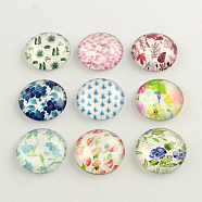 Half Round/Dome Floral Pattern Glass Flatback Cabochons for DIY Projects, FloralColor, 12x4mm(X-GGLA-Q037-12mm-M49)