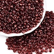 6/0 Baking Paint Transparent Glass Seed Beads, Silver Lined, Teardrop, Dark Red, 4~5x4~4.5x3~4mm, Hole: 1~1.2mm, about 4500pcs/pound(SEED-N006-06D)