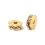 Rack Plating Brass Micro Pave Cubic Zirconia Beads, Long-Lasting Plated, Lead Free & Cadmium Free, Flat Round/Disc, Real 18K Gold Plated, Pink, 6x2.3mm, Hole: 1.6mm(KK-F879-15G-09)