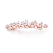 Alloy Hair Barrettes, with Imitation Pearl Beads, Strip with Flower, Rose Gold, 17.5x78x28mm(PHAR-D012-03RG)