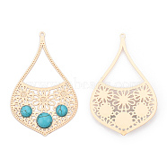 Brass Big Pendants, with Synthetic Turquoise, Leaf Charm, Light Gold, 55x34x4.5mm, Hole: 1.6mm(KK-M237-04KCG)