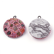 Polymer Clay Rhinestone Pendants, with Gemstone Chip and PU Leather, Half Round, Colorful, 26x23x8mm, Hole: 1.5mm(RB-S056-10G)