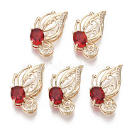 Glass Pendants, with Brass Micro Pave Cubic Zirconia Findings, Faceted, Butterfly, Light Gold, FireBrick, 23x12.5x5.5mm, Hole: 1.5mm(X-GLAA-T021-19B)
