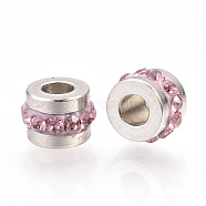 201 Stainless Steel Rhinestone Beads, Column, Light Rose, 7x5mm, Hole: 3mm(RB-R052-10)