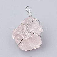 Natural Rose Quartz Pendants, with Brass Findings, Nuggets, Platinum, 45~50x25~40x14~25mm, Hole: 3~5mm(G-Q993-04)