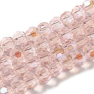 Electroplate Transparent Glass Beads Strands, Faceted, Round, Rainbow Plated, Pink, 6mm, Hole: 1mm, about 98~100pcs/strand, 20.39~20.59 inch(51.8~52.3cm)(EGLA-A035-T6mm-L20)