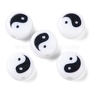 Printed Opaque Acrylic Beads, Flat Round with Yinyang Pattern, Black, 8x4mm, Hole: 1.6mm(SACR-F010-06A)
