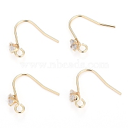 Brass Earring Hooks, Ear Wire, with Clear Cubic Zirconia and Horizontal Loop, Long-Lasting Plated, Real 14K Gold Plated, 16mm, Pin: 0.8mm(X-KK-I681-14G)