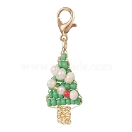 Glass Seed Beaded Pendant Decorations, with Natural Cultured Freshwater Pearl Beads and Alloy Lobster Claw Clasps, Christmas Tree, Sea Green, 39mm(HJEW-JM01062)