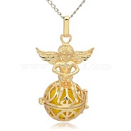 Golden Tone Brass Hollow Round Cage Pendants, with No Hole Spray Painted Brass Round Ball Beads, Round with Angel, Gold, 43x28x20mm, Hole: 3x8mm(KK-J238-01G)