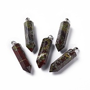 Natural Dragon Blood Double Terminated Pointed Pendants, with Platinum Tone Brass Findings, Bullet, 39x10x10mm, Hole: 3x6mm(G-G926-01P-01)