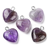 Natural Amethyst Pendants, Heart Charms with Platinum Plated Brass Loops, 14.8~15x12x4.1~4.6mm, Hole: 2mm(G-E603-01P-03)