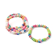 Natural Wood Round Beads Stretch Bracelets for Kid, with Handmade Polymer Clay Beads, Flower with Smile, Mixed Color, Inner Diameter: 1-7/8 inch(4.9cm), 6mm(BJEW-JB06640)