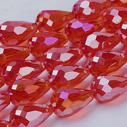 Electroplate Glass Beads Strands, AB Color Plated, Faceted Teardrop, Red, 7x5mm, about 65~67pcs/strand, 18~18.5 inch(45.5~46.9cm)(EGLA-D015-7x5mm-16)