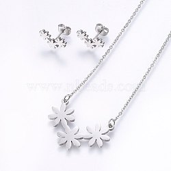 304 Stainless Steel Jewelry Sets, Stud Earrings and Pendant Necklaces, Flower, Stainless Steel Color, Necklace: 18.9 inch(48cm), Stud Earrings: 8.5x14x1.2mm, Pin: 0.8mm(SJEW-O090-02P)