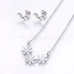 Tarnish Resistant 304 Stainless Steel Jewelry Sets, Stud Earrings and Pendant Necklaces, Flower, Stainless Steel Color, Necklace: 18.9 inch(48cm), Stud Earrings: 8.5x14x1.2mm, Pin: 0.8mm(SJEW-O090-02P)