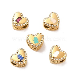 304 Stainless Steel European Beads, Large Hole Beads, with Rhinestone and Enamel, Heart with Girl, Mixed Color, Golden, 11.5x12.5x8.2mm, Hole:4.2mm(STAS-I191-01G)