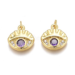 Brass Micro Pave Purple Cubic Zirconia Charms, Long-Lasting Plated, With Jump Rings, Eye, Real 18K Gold Plated, 13x12.5x3mm, Hole: 2mm, Jump Ring: 4x0.5mm(ZIRC-Z008-34G)