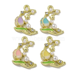 Rack Plating Alloy Enamel Pendants, with ABS Imitation Pearls and Rhinestone, Lead Free & Cadmium Free & Nickel Free, Moon with Flower Charm, Mixed Color, 18x13x4mm, Hole: 1.4mm(PALLOY-F312-12G)