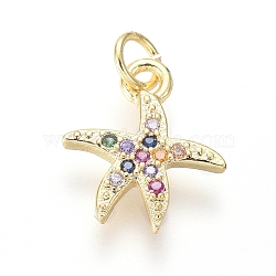Brass Micro Pave Cubic Zirconia Charms, with Jump Rings, Starfish/Sea Stars Shape, Colorful, Golden, 12x10x1.5mm, Hole: 2.5mm(X-ZIRC-I032-54G)