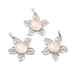 Natural Rose Quartz Pendants, Flower Charms, with Rack Plating Platinum Tone Brass Findings, Cadmium Free & Lead Free, 38x37x7~7.5mm, Hole: 8x5mm(G-B033-02P-18)