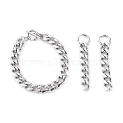 304 Stainless Steel Curb Chains Bracelets & Dangle Huggie Hoop Earrings Sets, with Toggle Clasps, Stainless Steel Color, 7-5/8 inch(19.4cm), 2.56 inch(65mm), Pin: 1mm(SJEW-JS01176)