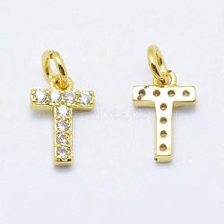 Brass Micro Pave Grade AAA Cubic Zirconia Charms, Letter T, Cadmium Free & Nickel Free & Lead Free, Real 18K Gold Plated, 9x6x1.5mm, Hole: 2mm(ZIRC-P067-11G-T-NR)