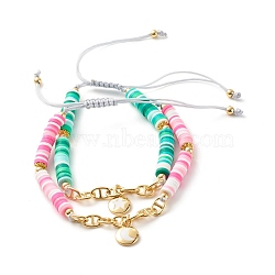 Handmade Disc Polymer Clay Braided Bead Bracelets Set, Brass Mariner Link Chains Bracelets, Flat Round with Moon and Star Enamel Charms Bracelets for Women, Mixed Color, Inner Diameter: 2-3/8~3-1/2 inch(6~9cm), 2pcs/set(BJEW-JB07407)