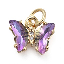 Brass Micro Pave Clear Cubic Zirconia Pendant, with Glass, Butterfly, Golden, Medium Purple, 11x9.5x3mm, Hole: 3.5mm(ZIRC-P079-B01-01)