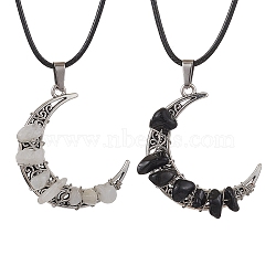 2Pcs 2 Styles Tibetan Style Alloy Moon Pendant Necklaces Set, Natural Obsidain & Labradorite Chips Chakra Theme Necklaces, 17.83 inch(45.3cm), 1Pc/style(NJEW-JN04608)