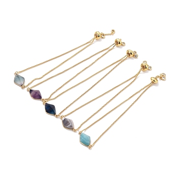 Adjustable Real 18K Gold Plated Brass Box Chain Slider Bracelets, with Natural Mixed Stone Link, Faceted, Rhombus , Inner Diameter: 0.31~2.68 inch(8~68mm)