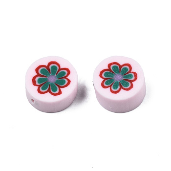 Handmade Polymer Clay Beads, Flat Round with Flower, Green, 9~10x4~4.5mm, Hole: 1.2~1.8mm