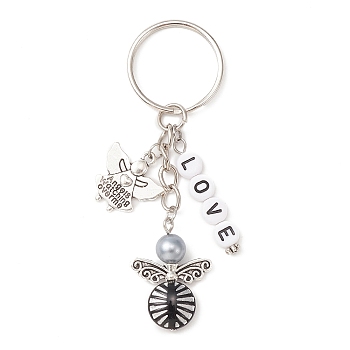 Tibetan Style Alloy & Acrylic Angel Pendant Keychain, with Acrylic Word Love Letter Beads and Iron Split Key Rings, Antique Silver, 8.4cm