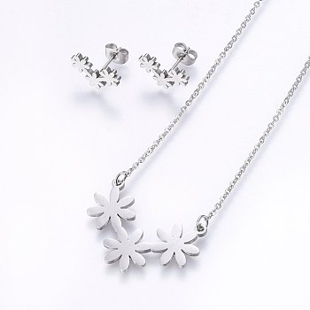 304 Stainless Steel Jewelry Sets, Stud Earrings and Pendant Necklaces, Flower, Stainless Steel Color, Necklace: 18.9 inch(48cm), Stud Earrings: 8.5x14x1.2mm, Pin: 0.8mm