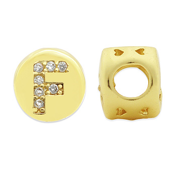 Brass Micro Pave Clear Cubic Zirconia Beads, Flat Round with Letter, Letter.F, 7.5x6.5mm, Hole: 3.5mm, 3pcs/bag