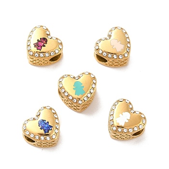 304 Stainless Steel European Beads, Large Hole Beads, with Rhinestone and Enamel, Heart with Girl, Mixed Color, Golden, 11.5x12.5x8.2mm, Hole:4.2mm