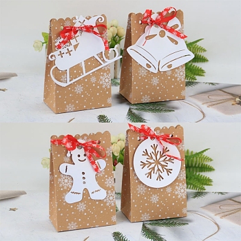 Paper Bag, Treat Bag, with 4Pcs Card Tags, Christmas Theme, Bakeware Accessoires, for Mini Cake, Cupcake, Cookie Packing, Snowflake Pattern, 120x70x185mm, 4pcs/bag