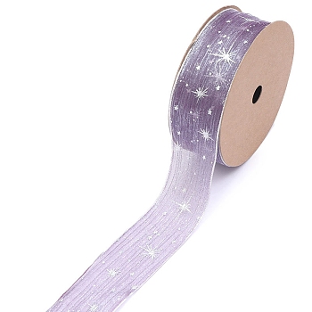20 Yards Silver Stamping Star Organza Ribbons, Garment Accessories, Gift Packaging, Medium Purple, 1 inch(25mm), 20 Yards/Roll