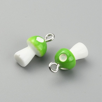 Opaque Resin Pendants, with Platinum Tone Alloy Loops, Mushroom Charm with Polka Dot Pattern, Lawn Green, 16x8mm, Hole: 2mm