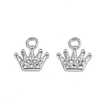 304 Stainless Steel Charms, with Crystal Rhinestone, Crown, Stainless Steel Color, 11.5x11x2mm, Hole: 2mm