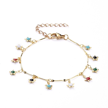 Star Brass Enamel Charm Bracelets, with Brass Bar Link Chains and 304 Stainless Steel Lobster Claw Clasps, Colorful, Real 18K Gold Plated, 7-1/2 inch(19cm)