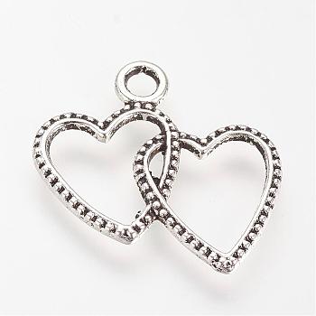 Tibetan Style Alloy Pendants, Heart with Heart, Cadmium Free & Lead Free, Antique Silver, 24x22.5x1.5mm, Hole: 2.5mm, about 1000pcs/1000g