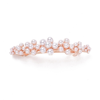 Alloy Hair Barrettes, with Imitation Pearl Beads, Strip with Flower, Rose Gold, 17.5x78x28mm