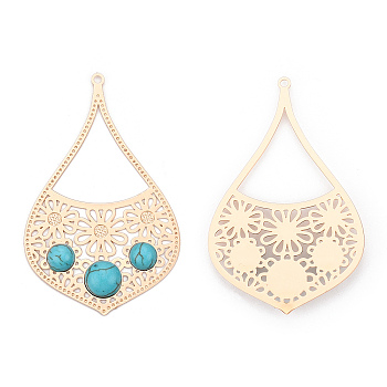 Brass Big Pendants, with Synthetic Turquoise, Leaf Charm, Light Gold, 55x34x4.5mm, Hole: 1.6mm