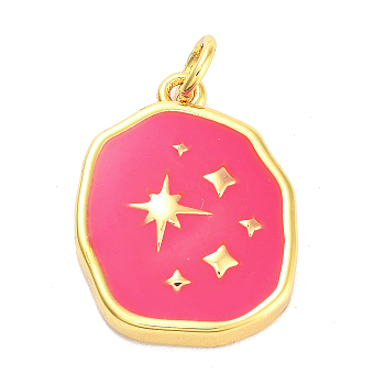 Real 18K Gold Plated Rack Plating Brass Enamel Pendants, with Jump Ring, Long-Lasting Plated, Lead Free & Cadmium Free, Irregular Flat Round with Star Charm, Deep Pink, 19x14.5x3mm, Hole: 3mm